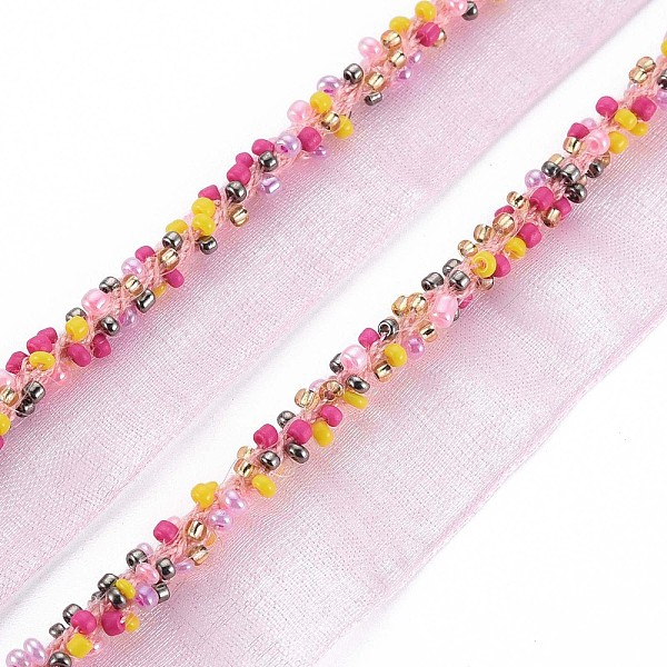 

PandaHall Organza Ribbon, with Glass Seed Beads, Garment Accessories, Medium Violet Red, 16~19mm Organza None