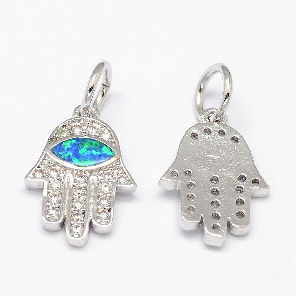 

PandaHall Brass Micro Pave Cubic Zirconia Charms, with Synthetic Opal, Hamsa Hand/Hand of Fatima/Hand of Miriam with Horse Eye, Platinum..., Blue