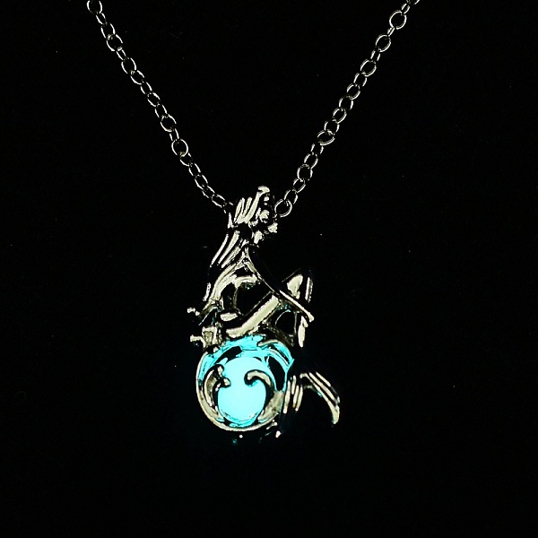 

PandaHall Luminous Alloy Locket Pendant Necklaces, Glow in the Dark, Mermaid, Deep Sky Blue, 18.42 inch(46.8cm) Alloy