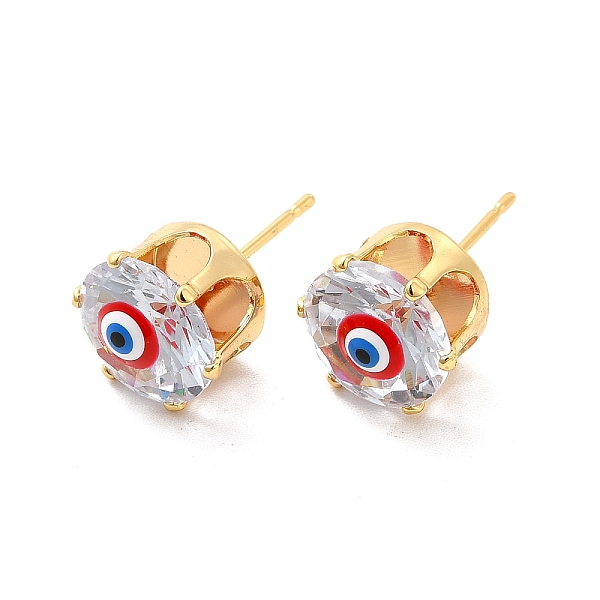 

PandaHall Glass Flat Round with Enamel Evil Eye Stud Earrings, Real 18K Gold Plated Brass Jewelry for Women, Red, 12x11mm, Pin: 0.8mm Glass...
