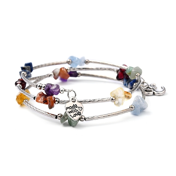 

PandaHall Three Loops Natural Gemstone Beaded Wrap Bracelets, with Brass Tube Beads and Tibetan Style Om Symbol Pendants, 2-1/8 inch(5.5cm)...