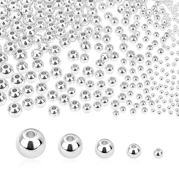 

PandaHall 300Pcs 5 Sizes Brass Beads, Long-Lasting Plated, Round, Silver, 60pcs/style Brass Round