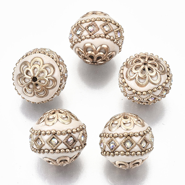 

PandaHall Handmade Indonesia Beads, with Crystal AB Rhinestone and Golden Tone Brass Findings, Round, Old Lace, 19~20x19~21mm, Hole..., Clear