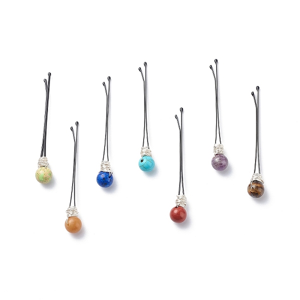 

PandaHall Eco-Friendly Copper Wire Wrapped Round Gemstone Hair Bobby Pin, with Stainless Steel Findings, Silver, 60x1x8.5mm, 7pcs/set...