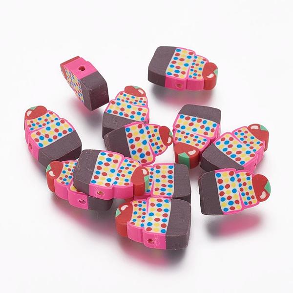 PandaHall Handmade Cake Polymer Clay Beads, Deep Pink, 13~14x9~10x4~5mm, Hole: 1mm Polymer Clay Food Pink