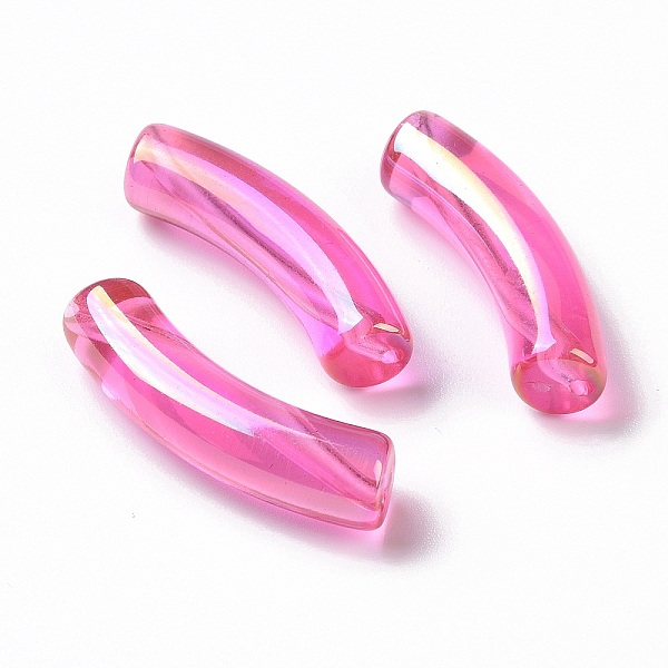 

PandaHall UV Plating Transparent Rainbow Iridescent Acrylic Beads, Curved Tube, Camellia, 32~33x10x8mm, Hole: 1.6mm Acrylic Tube Pink