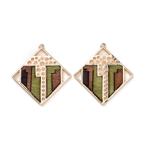 

PandaHall Alloy Pendants, with Dyed Wood, Rhombus with Geometric Pattern, Light Gold, 41x39x2.5mm, Hole: 1.6mm Alloy Rhombus