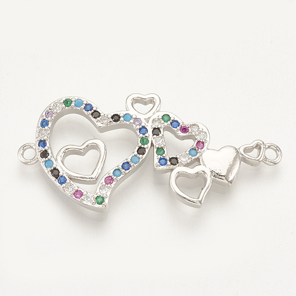 

PandaHall Brass Micro Pave Cubic Zirconia Links, Heart To Heart, Colorful, Platinum, 15.5x33x2.5mm, Hole: 1.5mm Brass+Cubic Zirconia Heart