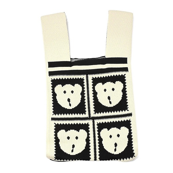 PandaHall Polyester Mini Knit Tote Bags, Crochet Tote Handbag Lunch Box Bag, Bear, 35.5x19.8x2.1cm Polyester Bear