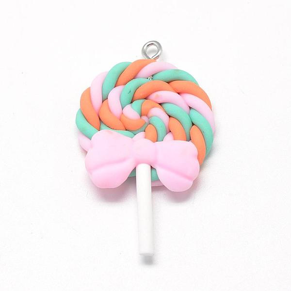 

PandaHall Handmade Polymer Clay Pendants, Lollipop with Bowknot, Coral, 40~53x27~30x7~9mm, Hole: 2mm Polymer Clay Candy Red