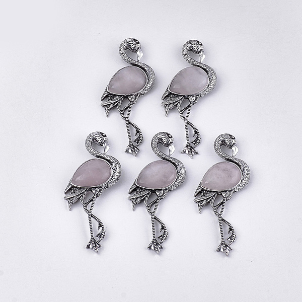 

PandaHall Natural Rose Quartz Brooches/Pendants, with Alloy Findings, Flamingo Shape, Antique Silver, 83.5x38x12mm, hole: 4x3mm, Pin: 0.7mm...