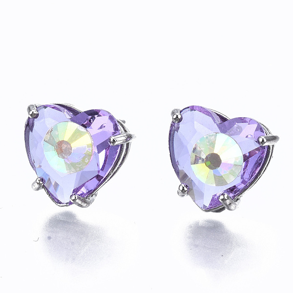 

PandaHall Brass Stud Earrings, with Glass and Steel Pins, Heart, Platinum, Lilac, 12x13mm, Pin: 0.6mm Glass Heart Purple