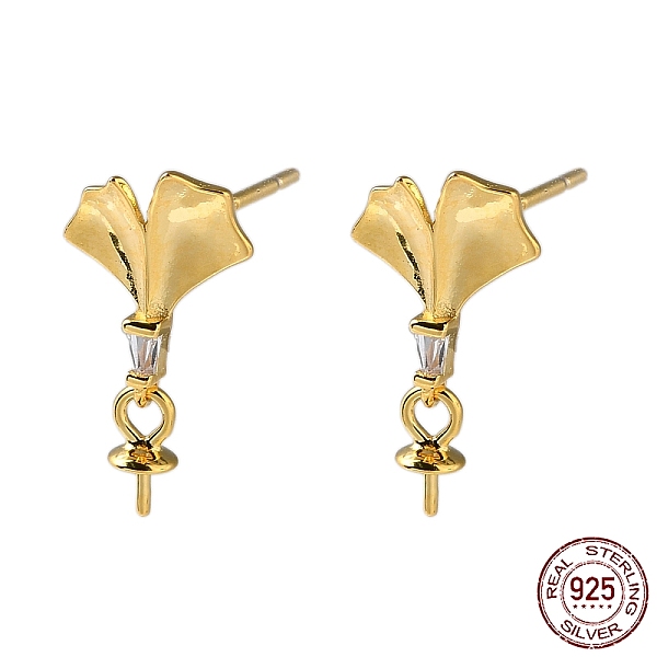 

PandaHall 925 Sterling Silver Stud Earring Findings, with Clear Cubic Zirconia, Gingko Leaf, for Half Drilled Beads, with S925 Stamp, Real...