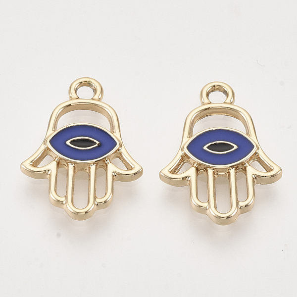 

PandaHall Light Gold Plated Alloy Pendants, with Enamel, Hamsa Hand/Hand of Fatima/Hand of Miriam with Evil Eye, Blue, 20x15.5x2.5mm, Hole...