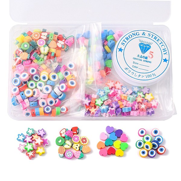 

PandaHall AHANDMAKER 320Pcs Heart/Fruit/Geometry Polymer Clay Beads and 1 Roll Clear Elastic Crystal Thread, for DIY Stretch Bracelets..., Multicolor
