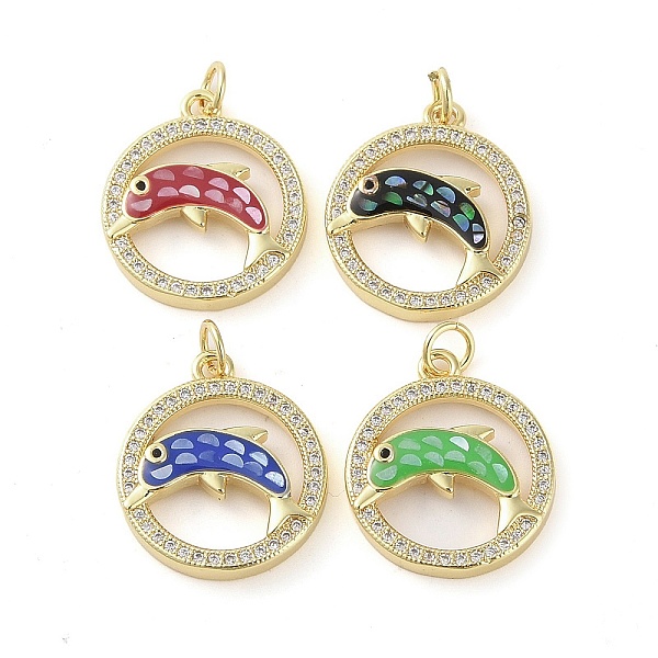 

PandaHall Brass Micro Pave Clear Cubic Zirconia Pendants, with Enamel and Shell & Jump Ring, Real 18K Gold Plated, Flat Round with Dolphin..., Multicolor