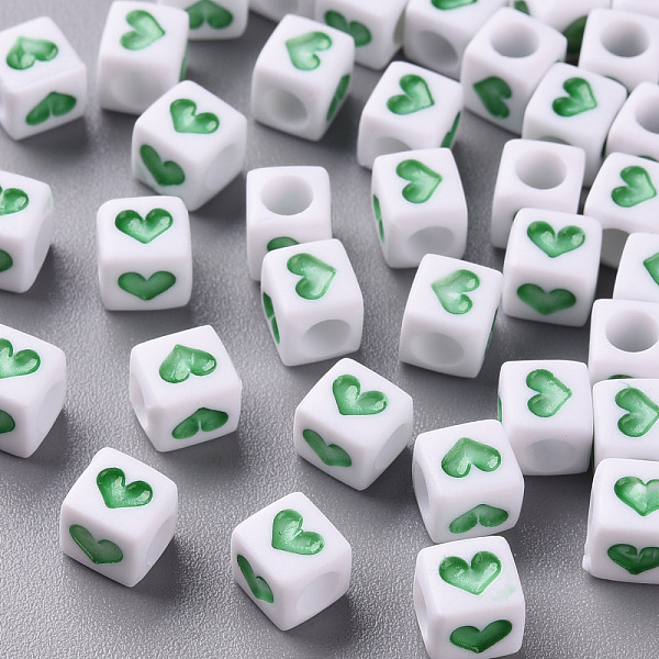 

PandaHall White Opaque Acrylic Beads, Cube with Heart, Lime Green, 6.5x6x6mm, Hole: 3mm Acrylic Cube