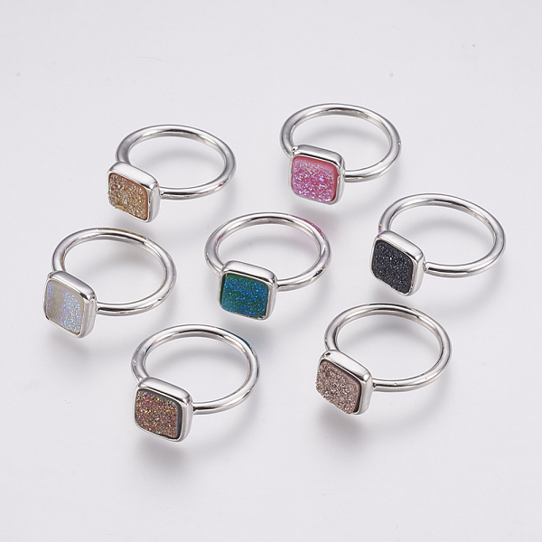 

PandaHall Druzy Resin Cuff Rings, Open Rings, with Brass Findings, Square, Size 7, Platinum, Mixed Color, 17mm Brass+Resin Multicolor