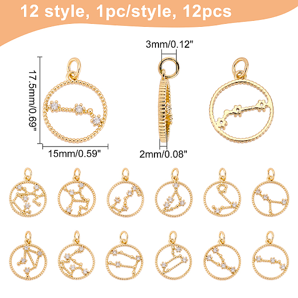 

PandaHall SUPERFINDINGS 12 Style Brass Cubic Zirconia Twelve Constellation Pendant Flat Round with Zodiac Sign Jewelry Charms 17.5x15mm Real..., Clear