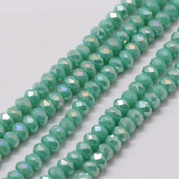 

PandaHall Electroplate Glass Bead Strands, Rondelle, Faceted, Rainbow Plated, Medium Sea Green, 3~3.5x2mm, Hole: 1mm, about...