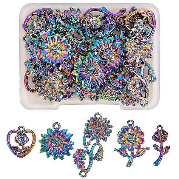 

PandaHall 20Pcs 5 Style Alloy Pendants, Rainbow Color, Flower, 18~38x9.5~19.5x2~4mm, Hole: 1.5~1.8mm, 4pcs/style Alloy Flower