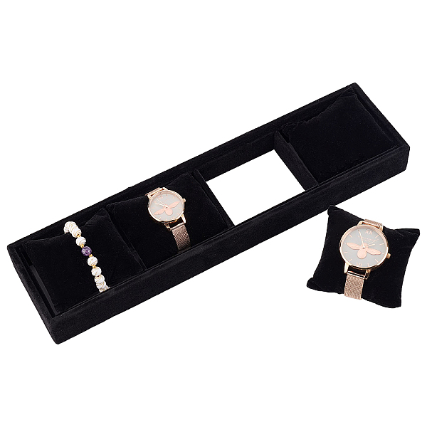 

PandaHall AHANDMAKER 4 Grids Jewelry Watch Show Box, Velvet Watch Pillows Tray, Stackable Watch Organizer, Watch Display Tray for Watch..., Black