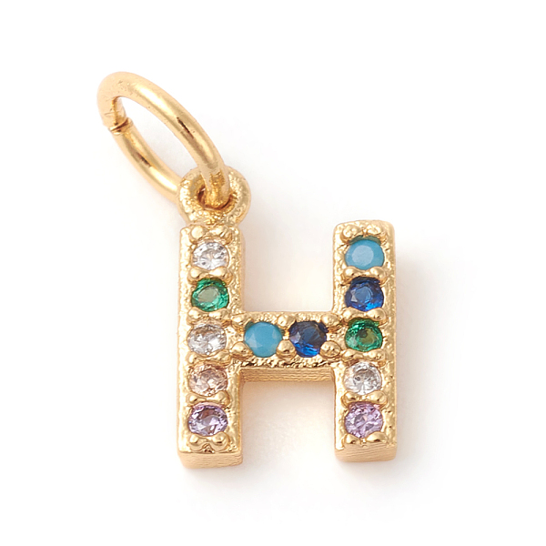 

PandaHall Brass Micro Pave Colorful Cubic Zirconia Charms, Golden, Letter.H, 9x6x2mm, Hole: 3mm Brass+Cubic Zirconia Letter H