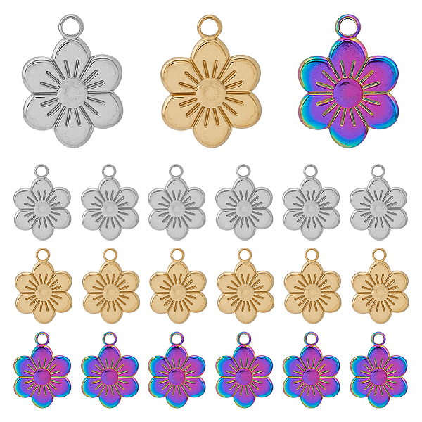 

PandaHall DICOSMETIC 18Pcs 3 Colors 201 Stainless Steel Pendants, Flower Charms, Mixed Color, 19x14x2.5mm, Hole: 2.5mm, 6pcs/color 201...