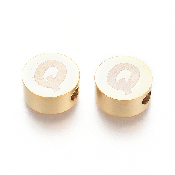 

PandaHall 304 Stainless Steel Beads, Flat Round with Letter, Letter.Q, 10x4.5mm, Hole: 2mm 304 Stainless Steel Flat Round