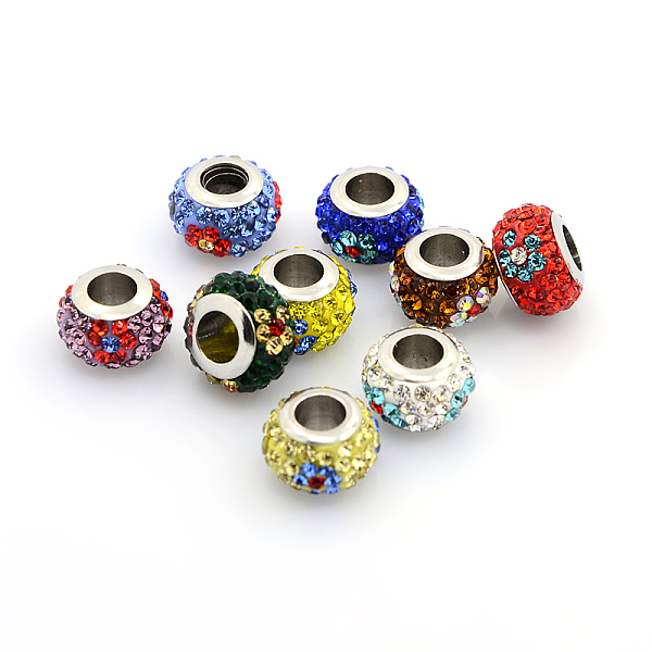 

PandaHall 201 Stainless Steel Polymer Clay Grade A Rhinestone European Beads, Large Hole Rondelle Beads, Mixed Color, 12x7mm, Hole: 5mm..., Multicolor