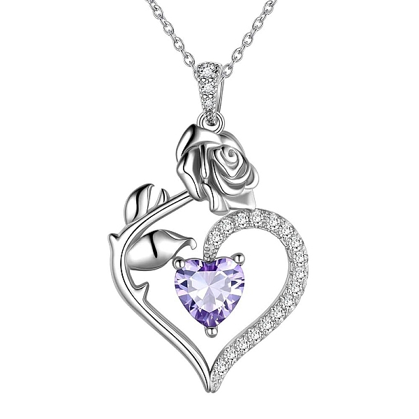 Colliers à chaîne avec pendentif en forme de cœur rose en argent sterling plaqué rhodium avec 925 pierre de naissance pavée de zircone...