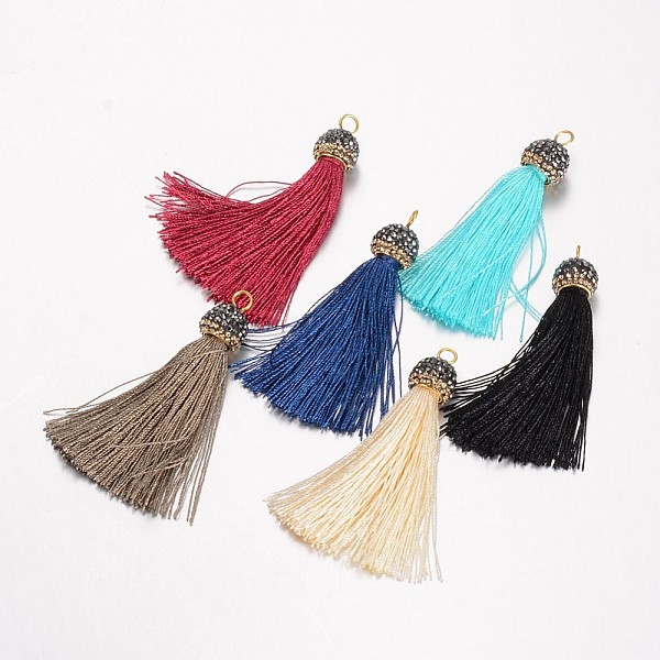 

PandaHall Nylon Tassels Pendant Decorations, with Brass Rhinestone Findings, Golden, Mixed Color, 55~68mm, Hole: 3x4mm Nylon Multicolor