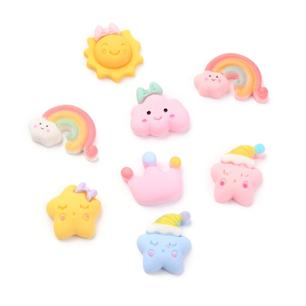 

PandaHall Resin Cabochons, Sun & Rainbow & Cloud & Crown & Star, Mixed Color, 16.5~21.5x18~26x6~8.5mm Resin Mixed Shapes Multicolor