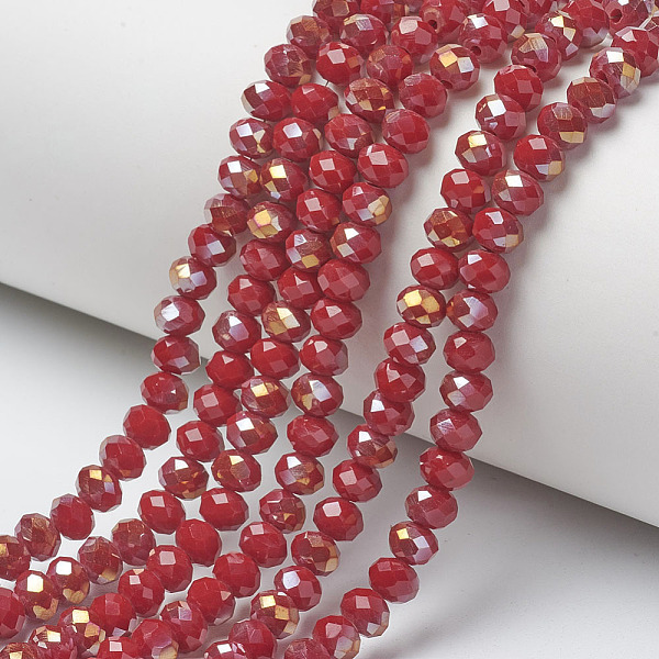 

PandaHall Electroplate Opaque Glass Beads Strands, Half Rainbow Plated, Faceted, Rondelle, Dark Red, 4x3mm, Hole: 0.4mm, about...