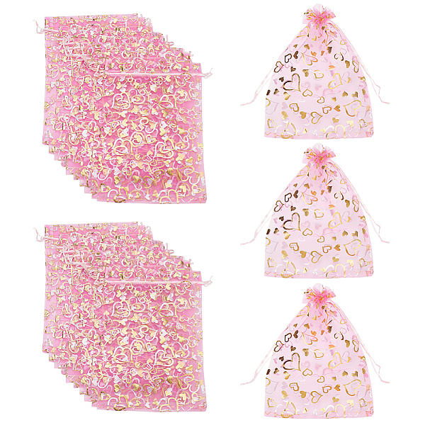 

PandaHall Rectangle Organza Gift Bags, Hot Stamping Heart Jewelry Drawstring Bags, for Wedding Party Candy Mesh Packaging Bags, Pink...