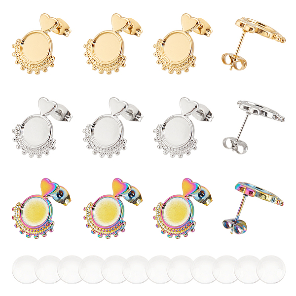 

PandaHall UNICRAFTALE 12 Pcs 3 Colors Stainless Steel Heart with Round Tray Stud Earring Settings DIY Blank Dome Earring Making Kits with...