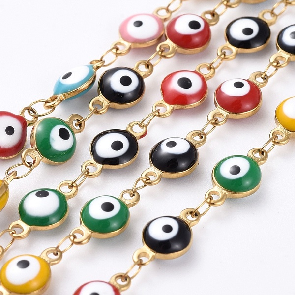 

PandaHall Handmade 304 Stainless Steel Enamel Chains, Flat Round Evil Eye, Unwelded, Golden, 11x6x3.5mm Stainless Steel+Enamel