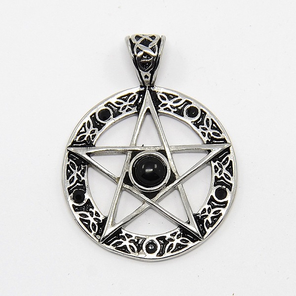 

PandaHall Vintage Men's 304 Stainless Steel Ring with Pentagram Star Pendants, Wicca Pendants, with Rhinestone and Resin, Antique Silver..., Black