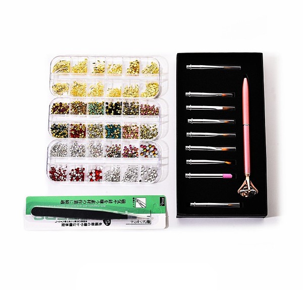 PandaHall Manicure Tools Kits, with Glass Rhinestone and Brass Cabochons, Nail Art Decoration Accessories, Stainless Steel Tweezer, Nail Art...