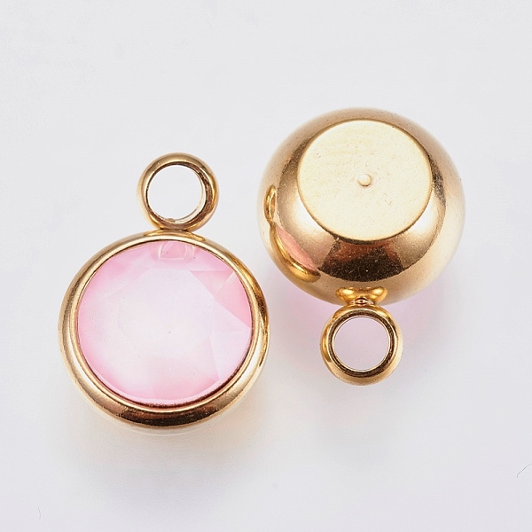 

PandaHall K9 Glass Pendants, with 304 Stainless Steel Findings, Ion Plating (IP), Faceted, Flat Round, Golden, Pink, 13.5x10x6mm, Hole...