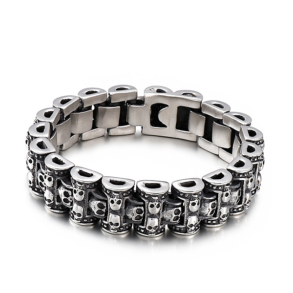 

PandaHall Titanium Steel Skull Link Chain Bracelet for Men, Stainless Steel Color, 8-1/2 inch(21.5cm) Titanium Steel