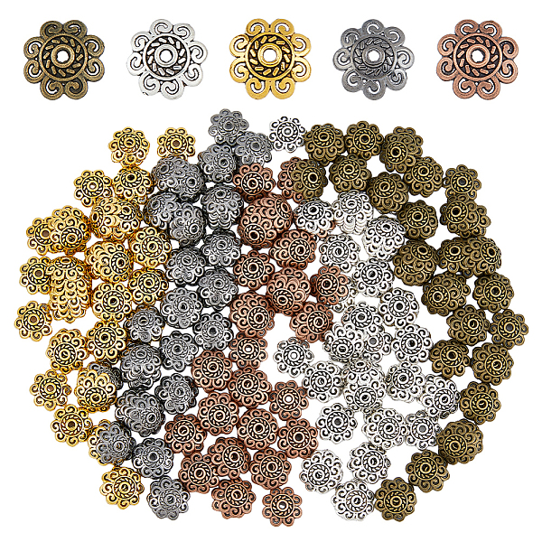 

PandaHall DICOSMETIC 300Pcs 5 Styles Tibetan Style Bead Caps, Cadmium Free & Lead Free, Flower, Mixed Color, 13.5x3mm Alloy