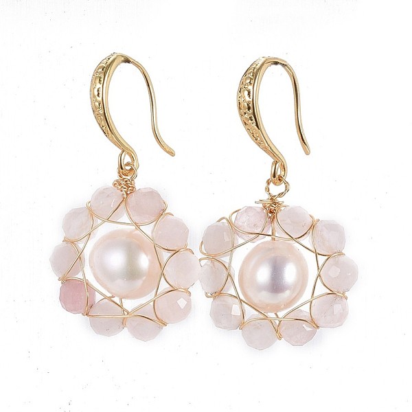 

PandaHall Natural Rose Quartz Dangle Earrings, with Pearl Beads and Brass Earring Hooks, Packing Box, Real 18K Gold Plated, 32~33mm, Pin..., Pink