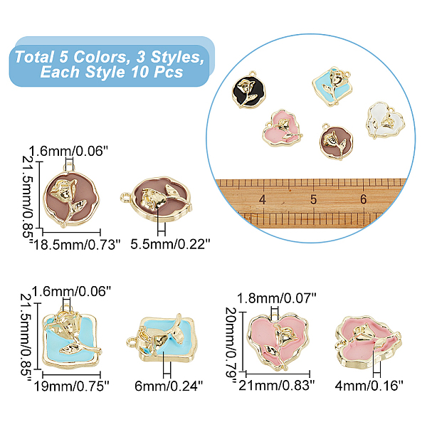 

PandaHall CHGCRAFT 30Pcs 15 Style Rack Plating Alloy Enamel Pendants, Heart & Rectangle & Flat Round with Rose, Mixed Color..., Multicolor