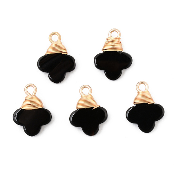 

PandaHall Glass Pendants, with Light Gold Copper Wire, Flower, Black, 17x12.5x3mm, Hole: 1.8mm Brass+Glass Flower Black