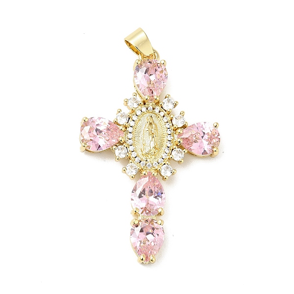 

PandaHall Rack Plating Brass Micro Pave Cubic Zirconia Pendants, Cadmium Free & Lead Free, Real 18K Gold Plated, Cross with Saint, Pearl...
