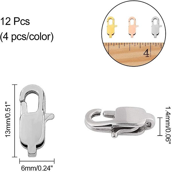 

PandaHall Ion Plating(IP) 304 Stainless Steel Lobster Claw Clasps, Mixed Color, 13x6x3mm, Hole: 1.4mm, 3colors, 4pcs/color, 12pcs/box 304...