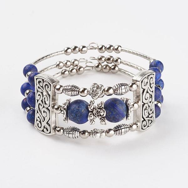 

PandaHall Three Loops Tibetan Style Alloy Wrap Bracelets, with Natural Lapis Lazuli(Dyed & Heated) Beads, 2 inch(50mm) Lapis Lazuli Blue