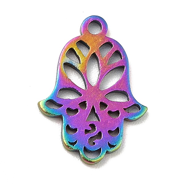

PandaHall Ion Plating(IP) 201 Stainless Steel Pendants, Hamsa Hand Charms, Rainbow Color, 14x10x1mm, Hole: 1.2mm 201 Stainless Steel Palm