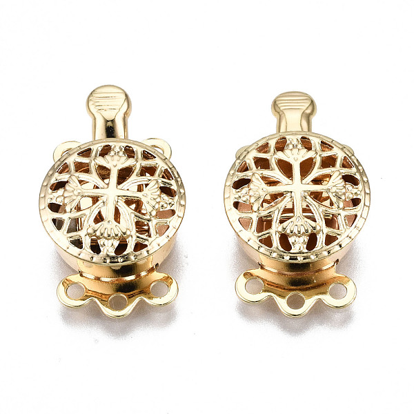 

PandaHall Brass Box Clasps, 3-Strand, 6-Hole, Nickel Free, Flat Round, Real 18K Gold Plated, 19x11.5x6mm, Hole: 1.2mm Brass Flat Round